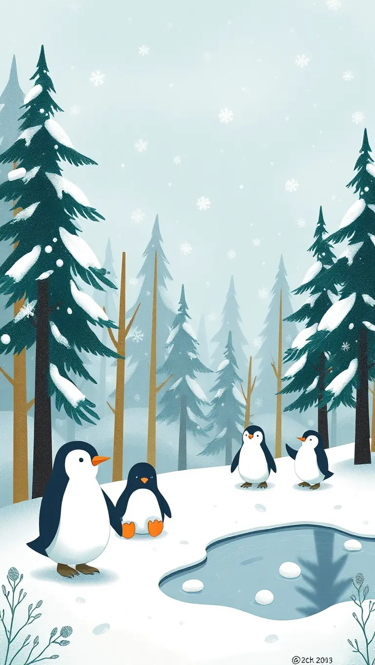 Cute Winter Backgrounds: Whimsical Snowy Forest Scene with Penguins